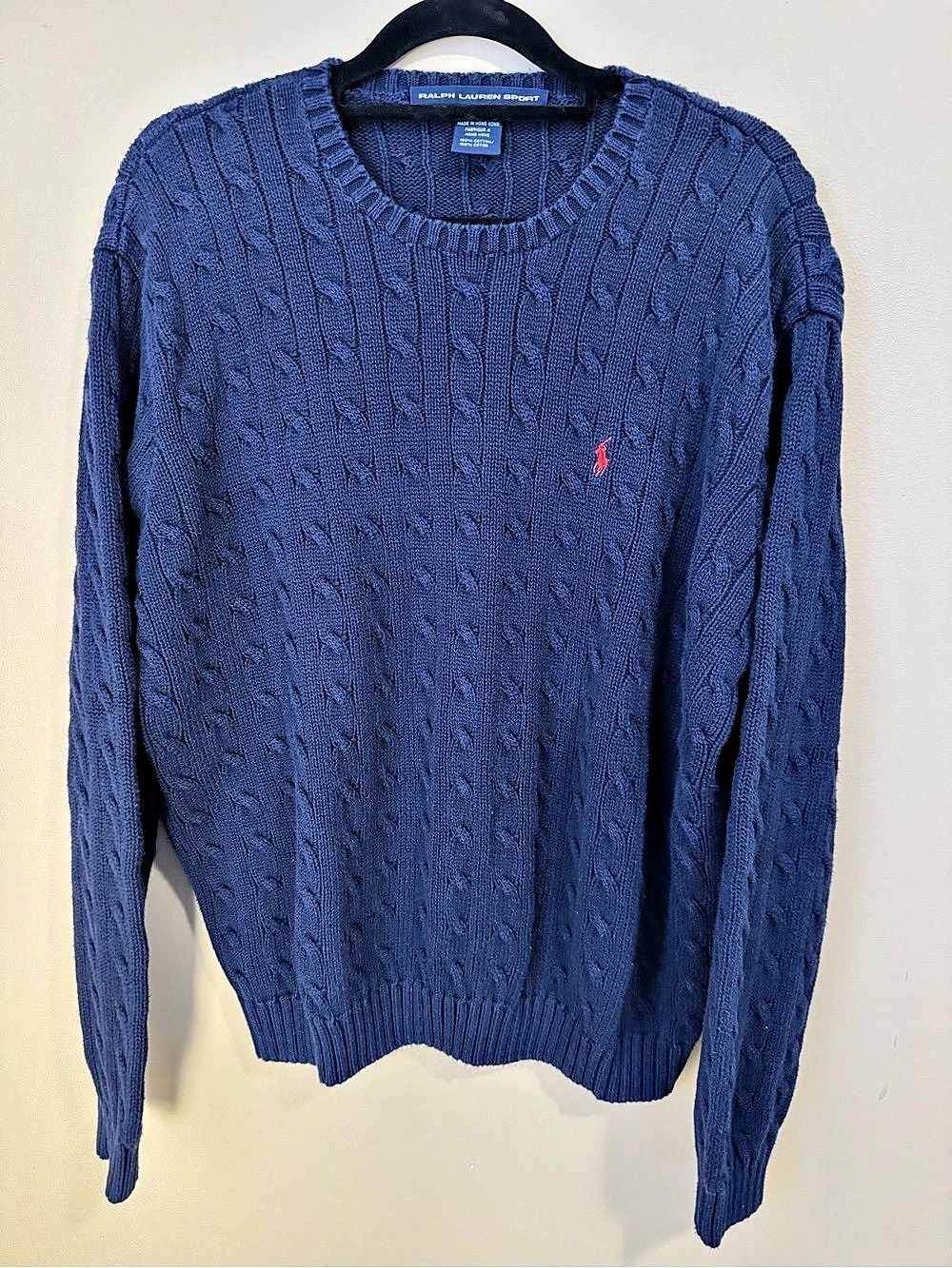 RALPH LAUREN SPORT Women's Navy Cable Knit Cotton Sweater Red Pony XL